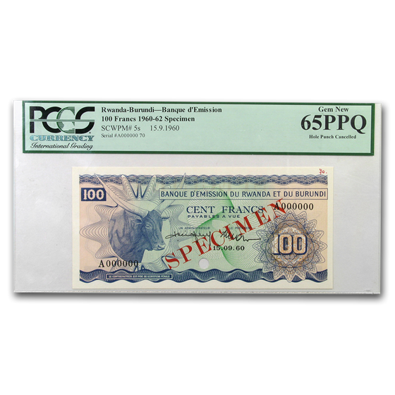 1960 Kingdom of Rwanda 100 Francs Gem CU-65 PPQ PCGS (Canceled) 1960 Kingdom of Rwanda 100 Francs Gem CU-65 PPQ PCGS (Canceled)